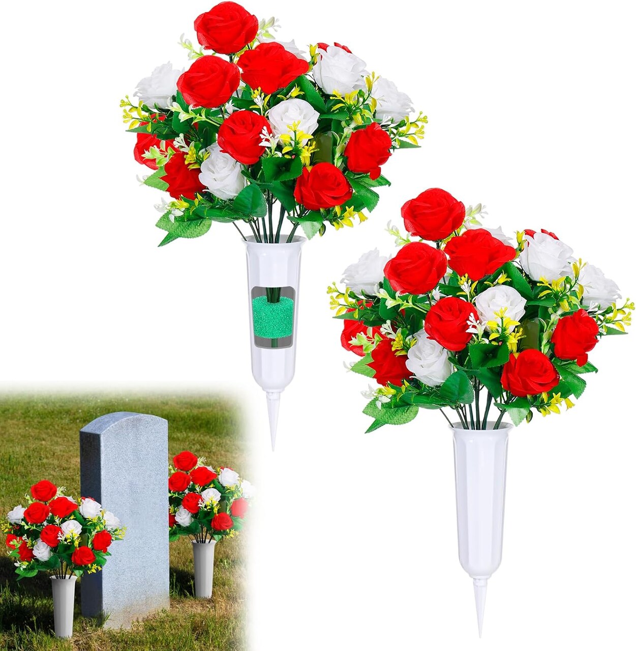 2 Sets Cemetery Vases with Artificial Flowers for Grave - Total 36 Vibrant Red & White Roses Bouquet, Memorial Day Flower Holders Kits with Fixing Foam for Headstones Decoration